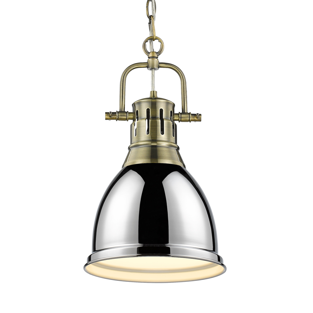 Yep by Golden Lighting Duncan 1-light 9in Chain Hung Pendant in Aged Brass and Chrome shade